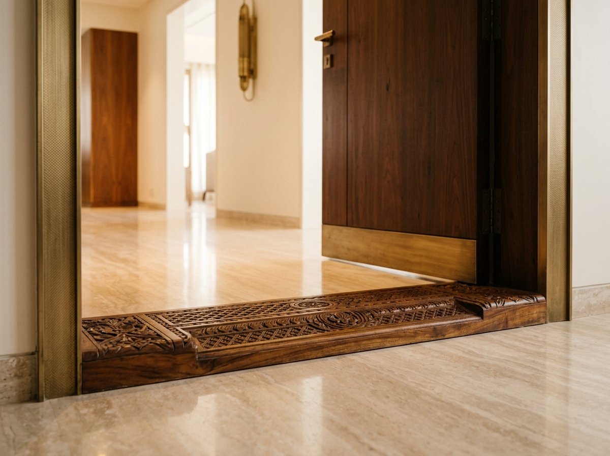Installed wooden Umbartha threshold at doorway