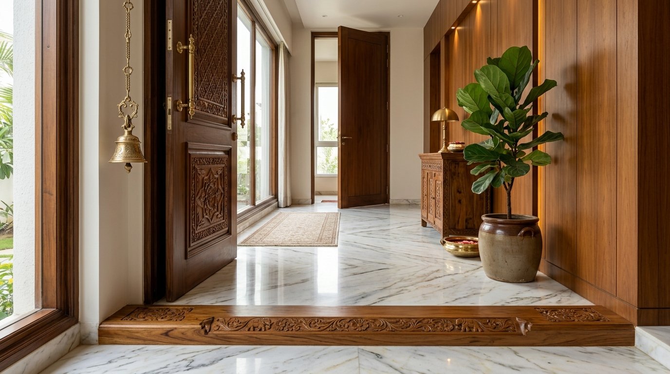 Handcrafted Designer Wooden Umbartha installed at Indian home entrance