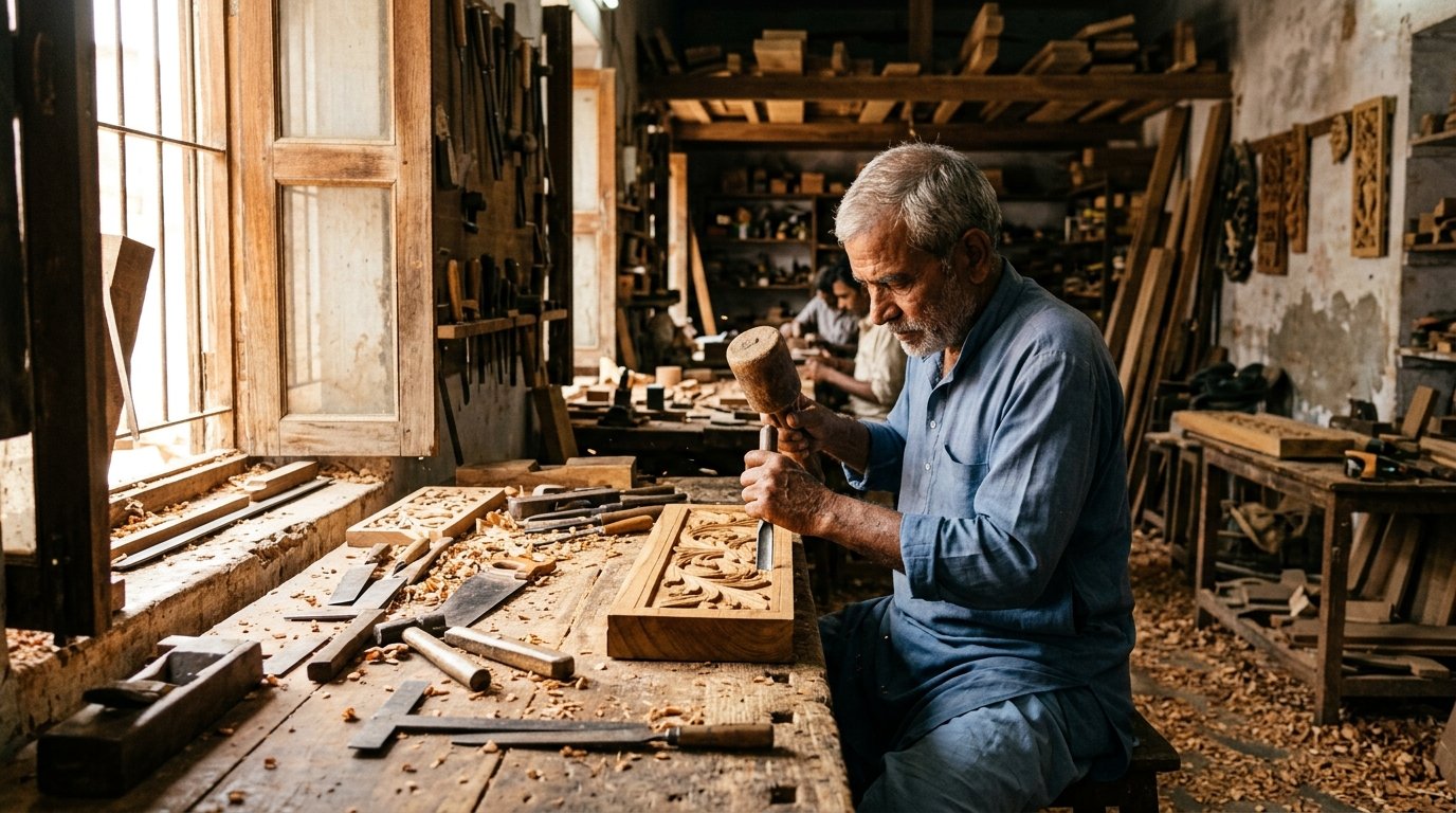 Artisan hand carving wood at UMBRA WALA workshop in Nashik